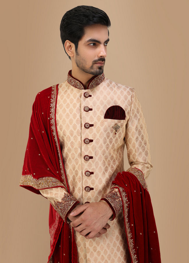 alt message - Manyavar Men Opulent Fawn Jacquard Sherwani image number 0